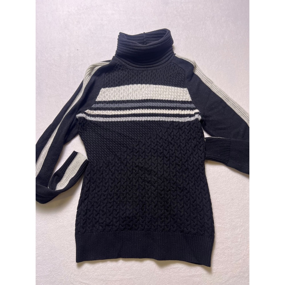 Smartwool M Turtleneck Sweater Gorpcore Black Striped Merino Wool Cable Knit